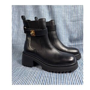 Steve Madden Black Leather Ankle Boots with Gold Accent